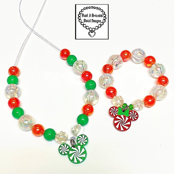 Peppermint Minnie & Mickey Necklace/Bracelet Set #minnie #disneychristmas - Picture 1 of 2